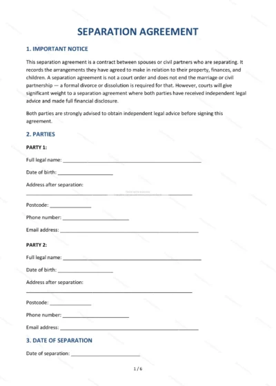 Separation Agreement — Word & PDF Template — document template in DOCX format