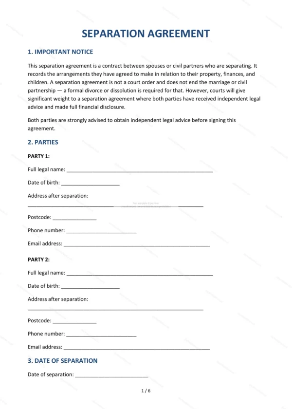 Separation Agreement — Word & PDF Template