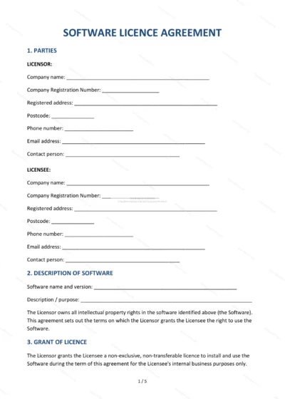 Software Licence Agreement — Word & PDF Template — document template in DOCX format