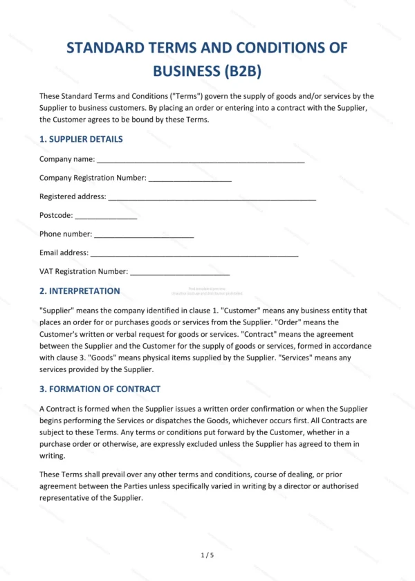Standard Terms of Business (B2B) — Word & PDF Template