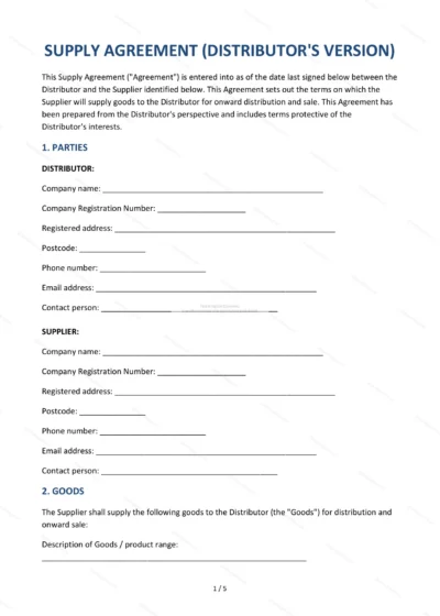 Supply Agreement (Distributor) — Word & PDF Template — document template in DOCX format