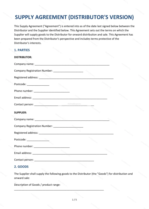 Supply Agreement (Distributor) — Word & PDF Template