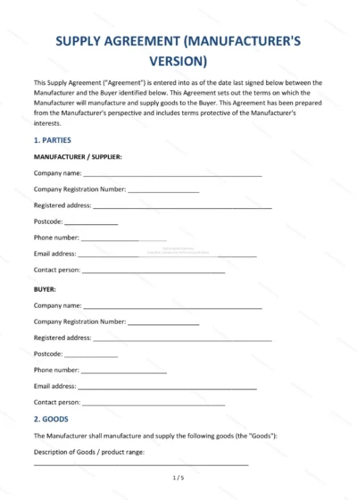 Supply Agreement (Manufacturer) — Word & PDF Template — document template in DOCX format