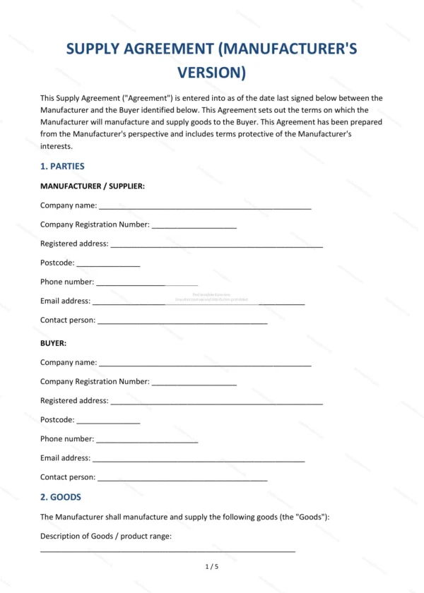 Supply Agreement (Manufacturer) — Word & PDF Template