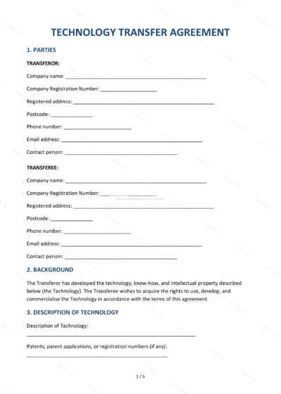 Technology Transfer Agreement — Word & PDF Template — document template in DOCX format
