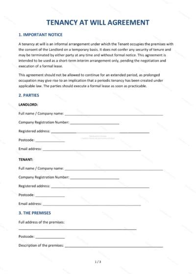 Tenancy at Will — Word & PDF Template — document template in DOCX format
