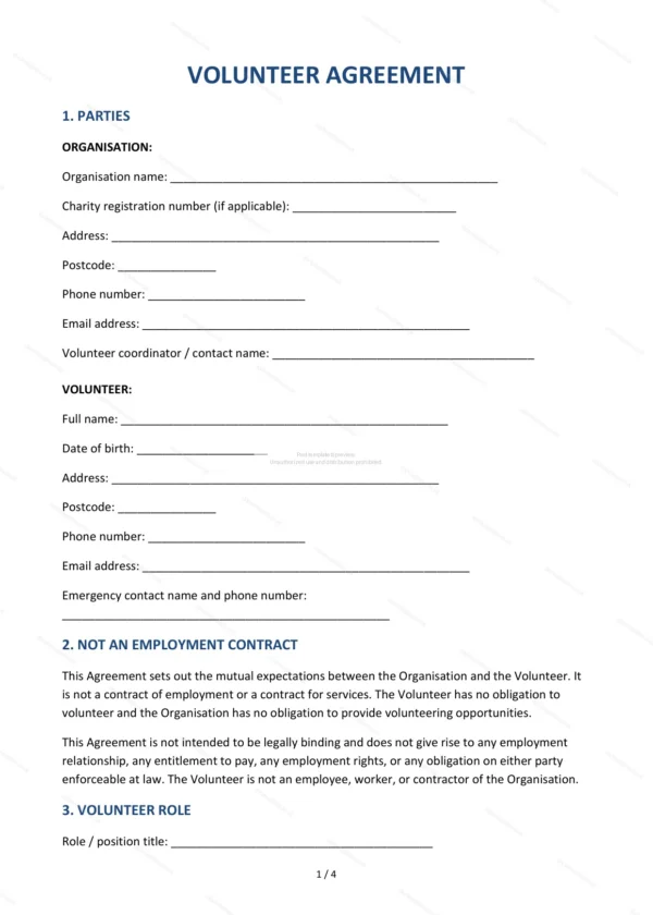 Volunteer Agreement — Word & PDF Template
