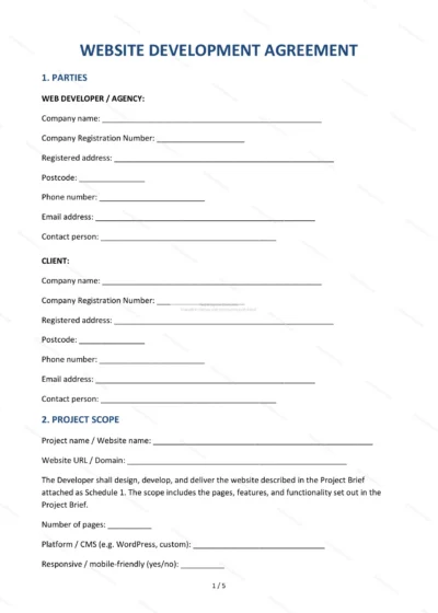 Website Development Agreement — Word & PDF Template — document template in DOCX format