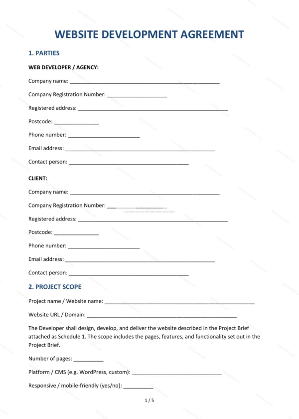 Website Development Agreement — Word & PDF Template
