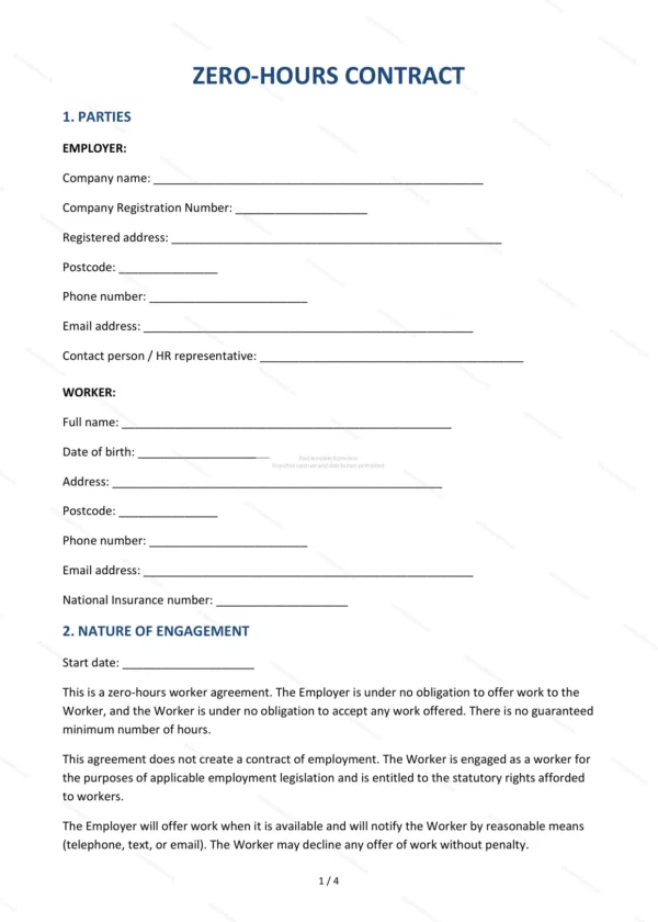 Zero Hours Contract — Word & PDF Template