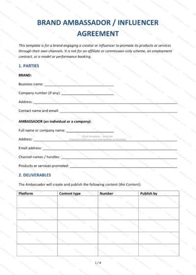 Brand Ambassador / Influencer Agreement, template preview, page 1 of 4