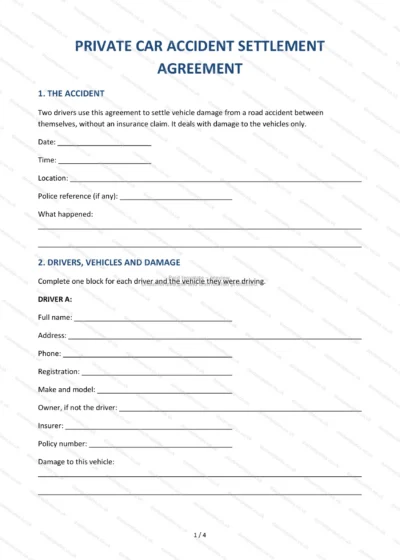 Private Car Accident Settlement Agreement, template preview, page 1 of 4