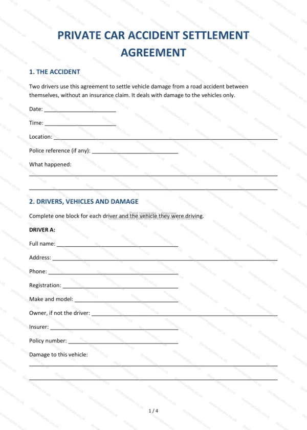 Private Car Accident Settlement Agreement — Word & PDF Template