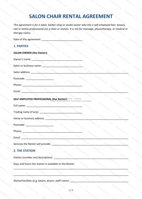 Salon Chair Rental Agreement — Word & PDF Template