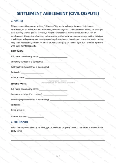 Settlement Agreement (Civil Dispute), template preview, page 1 of 5