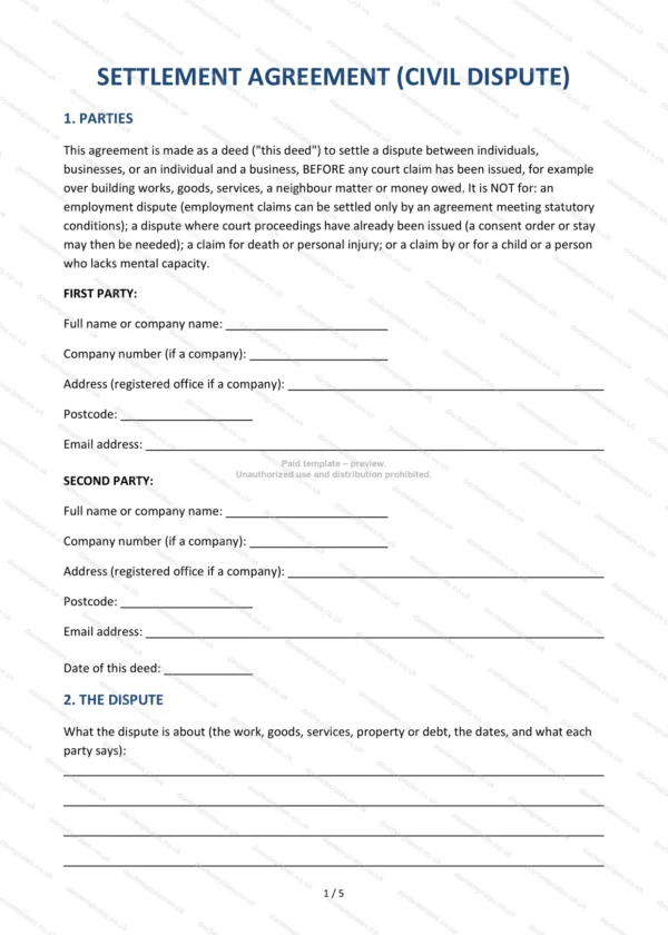 Settlement Agreement (Civil Dispute) — Word & PDF Template