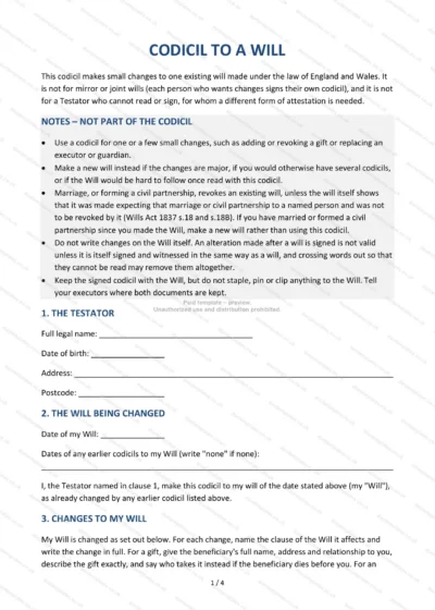 Codicil to a Will, template preview, page 1 of 4