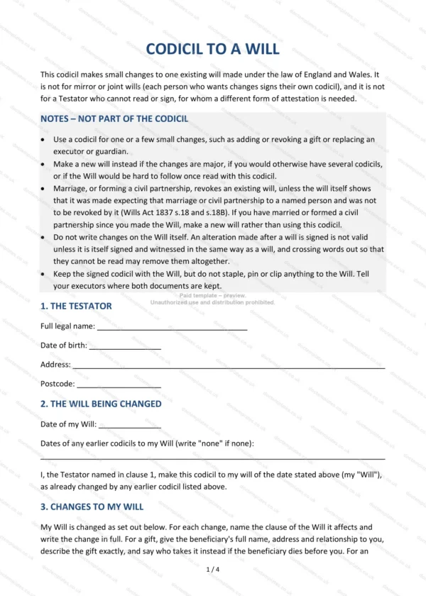 Codicil to a Will — Word & PDF Template
