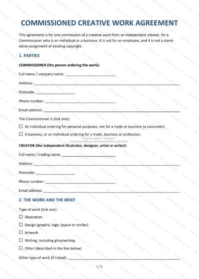 Commissioned Creative Work Agreement, template preview, page 1 of 5