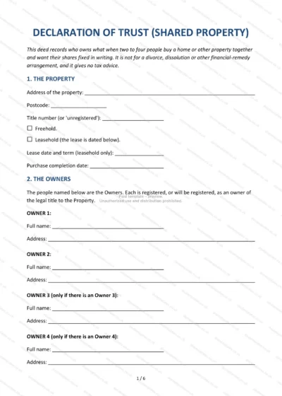 Declaration of Trust (Shared Property), template preview, page 1 of 6