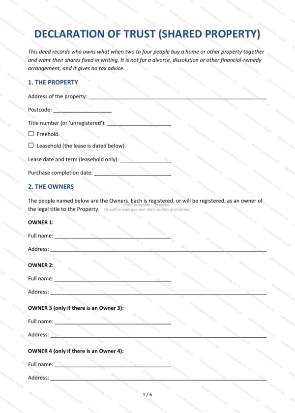 Declaration of Trust (Shared Property) — Word & PDF Template