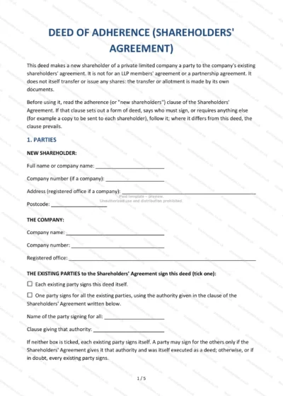 Deed of Adherence (Shareholders' Agreement), template preview, page 1 of 5