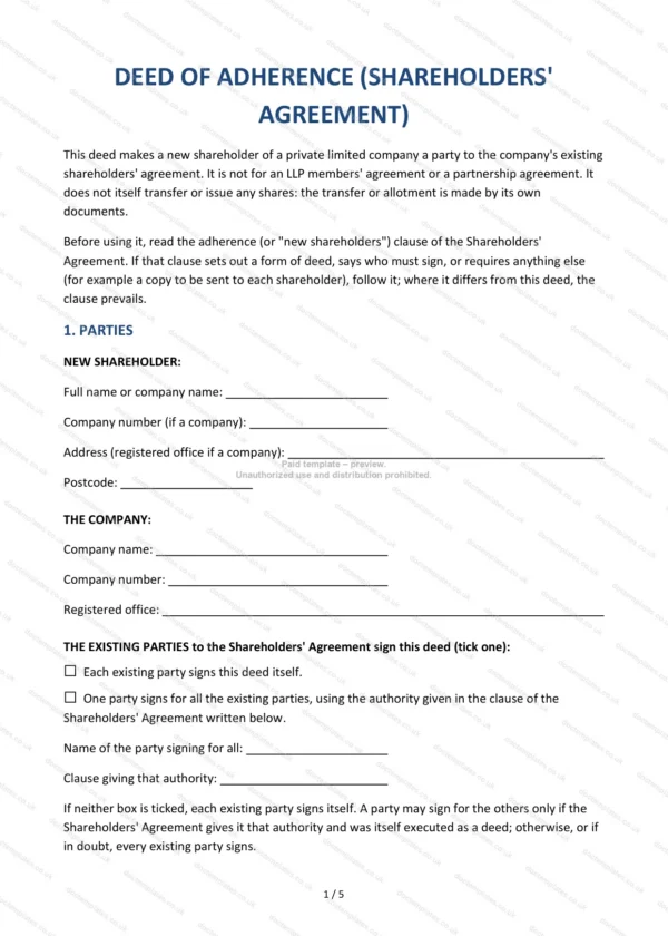 Deed of Adherence (Shareholders’ Agreement) — Word & PDF Template