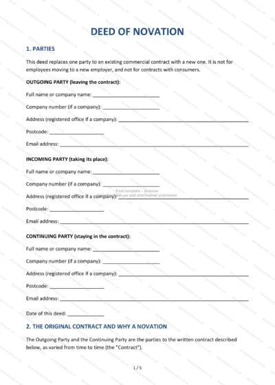 Deed of Novation, template preview, page 1 of 5