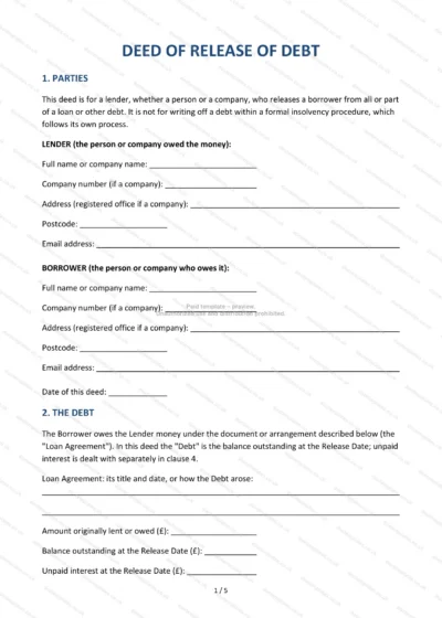 Deed of Release of Debt, template preview, page 1 of 5