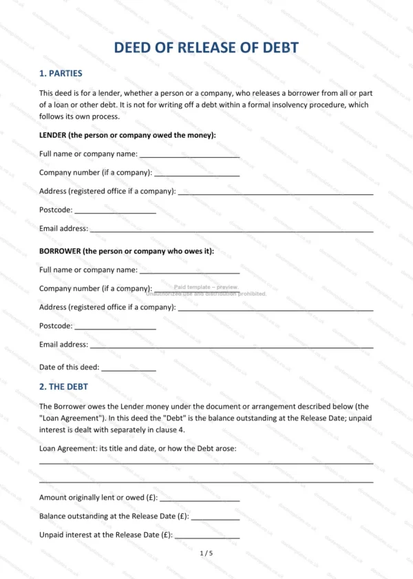 Deed of Release of Debt — Word & PDF Template