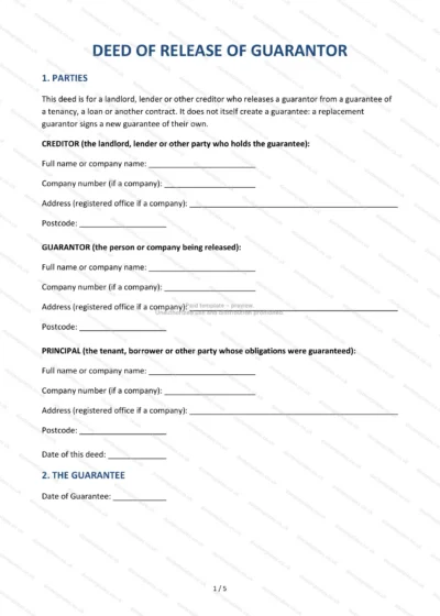 Deed of Release of Guarantor, template preview, page 1 of 5