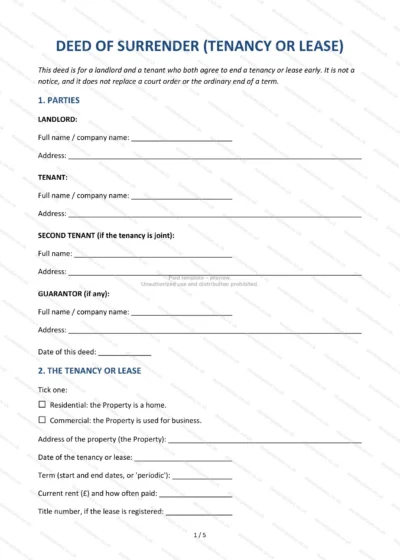 Deed of Surrender (Tenancy or Lease), template preview, page 1 of 5