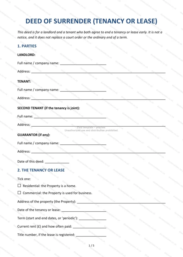 Deed of Surrender (Tenancy or Lease) — Word & PDF Template