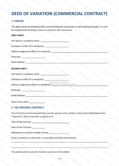Deed of Variation (Commercial Contract), template preview, page 1 of 4