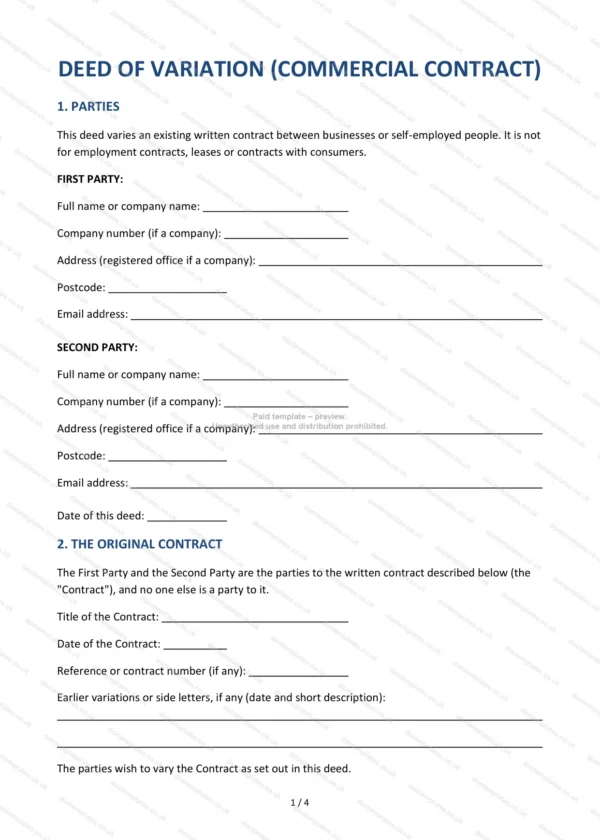 Deed of Variation (Commercial Contract) — Word & PDF Template