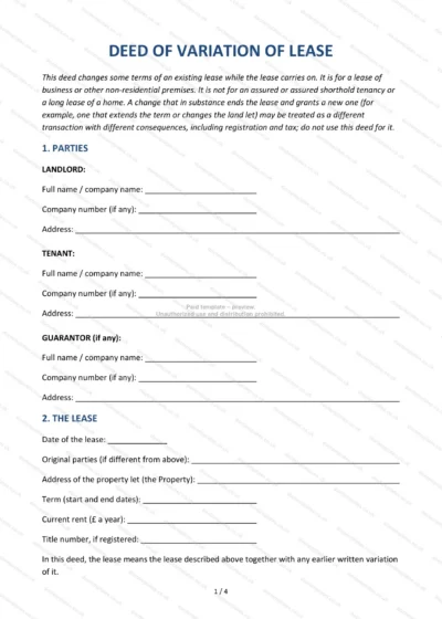 Deed of Variation of Lease, template preview, page 1 of 4