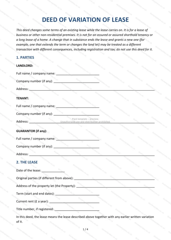 Deed of Variation of Lease — Word & PDF Template