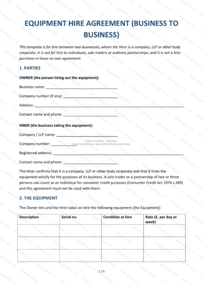 Equipment Hire Agreement (Business to Business), template preview, page 1 of 5