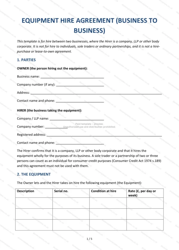 Equipment Hire Agreement (Business to Business) — Word & PDF Template