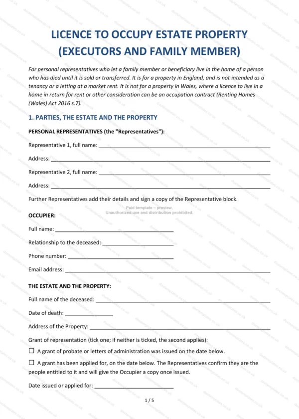 Executors’ Licence to Occupy Estate Property — Word & PDF Template