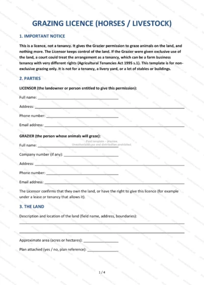 Grazing Licence (Horses / Livestock), template preview, page 1 of 4