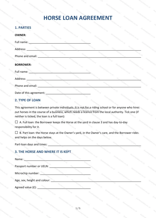 Horse Loan Agreement — Word & PDF Template