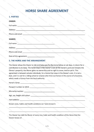 Horse Share Agreement, template preview, page 1 of 5