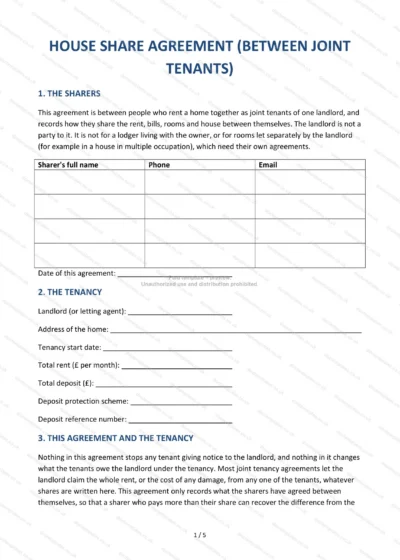 House Share Agreement (Between Joint Tenants), template preview, page 1 of 5