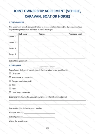 Joint Ownership Agreement (Vehicle, Caravan, Boat or Horse), template preview, page 1 of 5