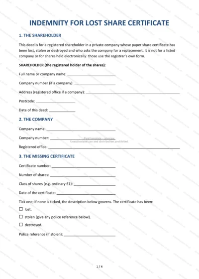 Indemnity for Lost Share Certificate, template preview, page 1 of 4
