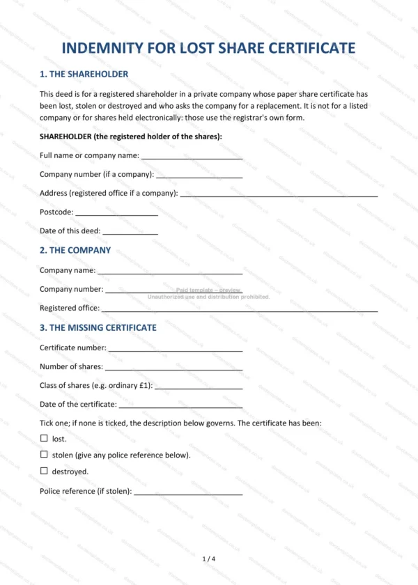 Indemnity for Lost Share Certificate — Word & PDF Template
