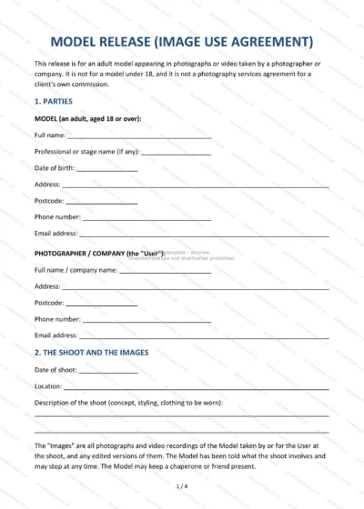 Model Release (Image Use Agreement), template preview, page 1 of 4
