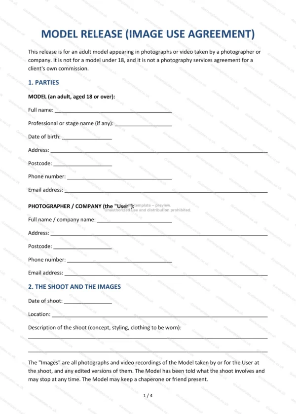 Model Release (Image Use Agreement) — Word & PDF Template