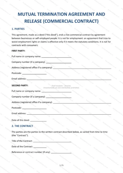 Mutual Termination Agreement and Release (Commercial Contract), template preview, page 1 of 5